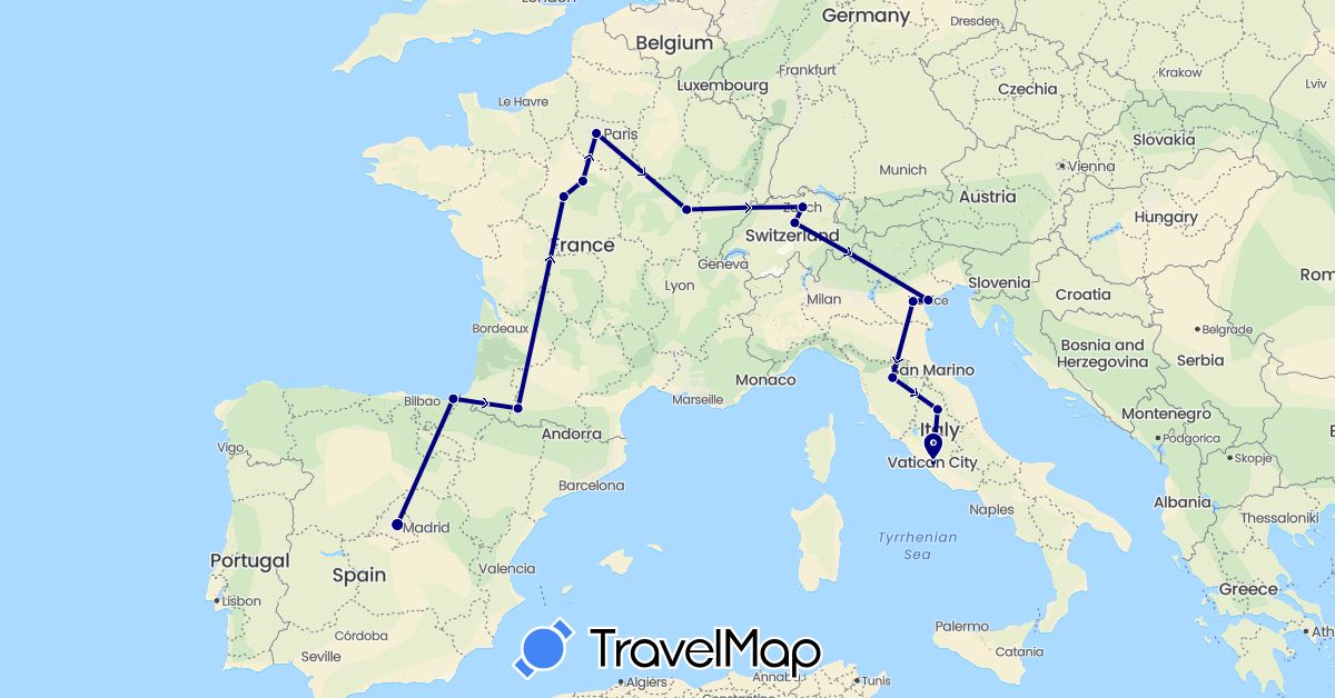TravelMap itinerary: driving in Switzerland, Spain, France, Italy (Europe)