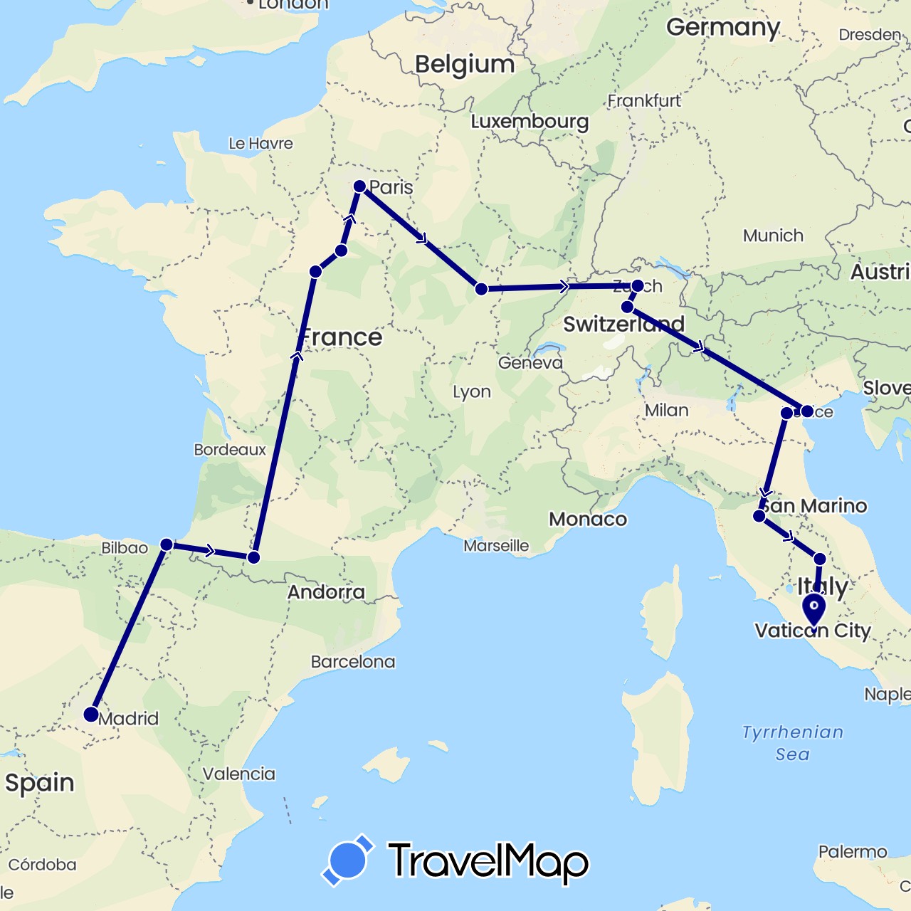 TravelMap itinerary: driving in Switzerland, Spain, France, Italy (Europe)