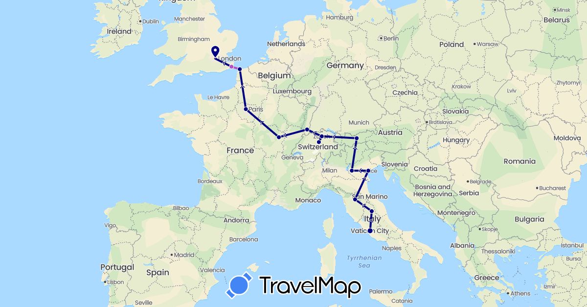 TravelMap itinerary: driving, train in Austria, Switzerland, France, United Kingdom, Italy (Europe)