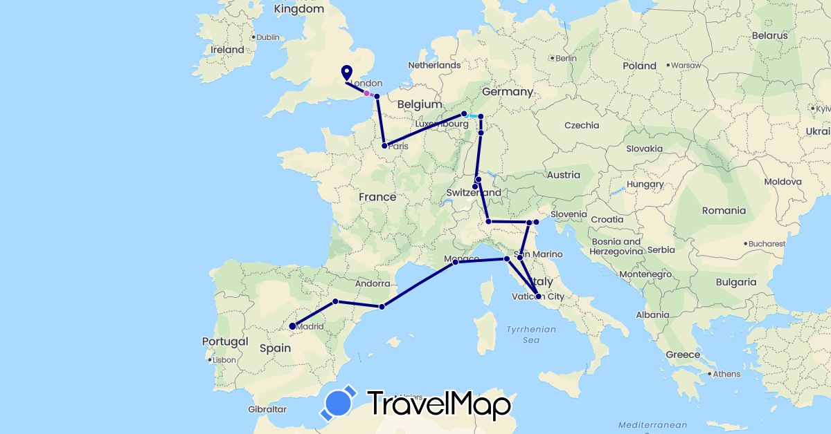 TravelMap itinerary: driving, train, boat in Switzerland, Germany, Spain, France, United Kingdom, Italy (Europe)