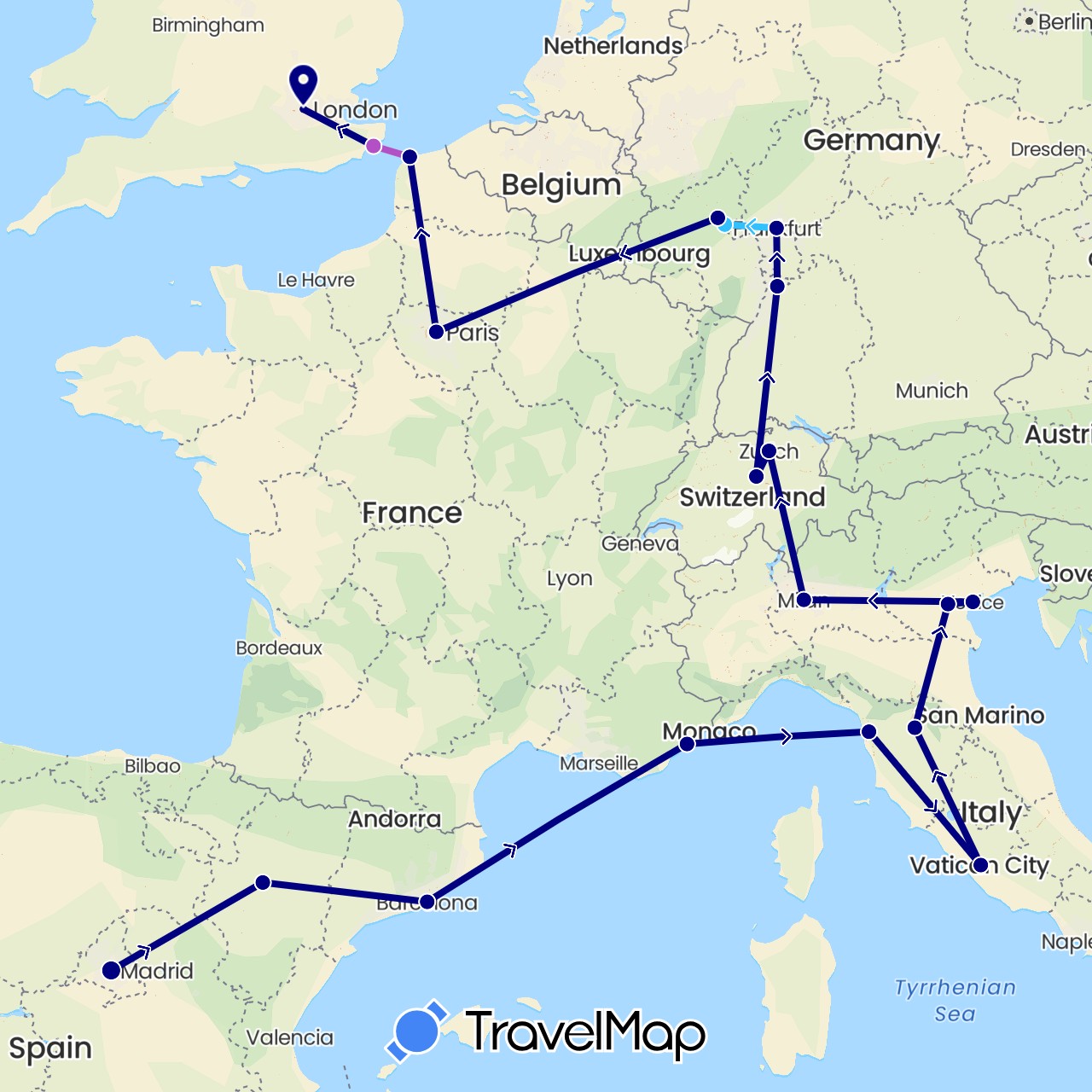 TravelMap itinerary: driving, train, boat in Switzerland, Germany, Spain, France, United Kingdom, Italy (Europe)