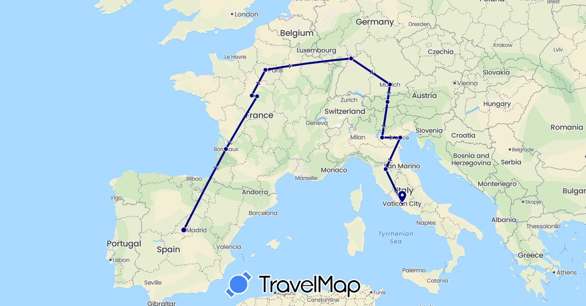 TravelMap itinerary: driving in Austria, Germany, Spain, France, Italy (Europe)