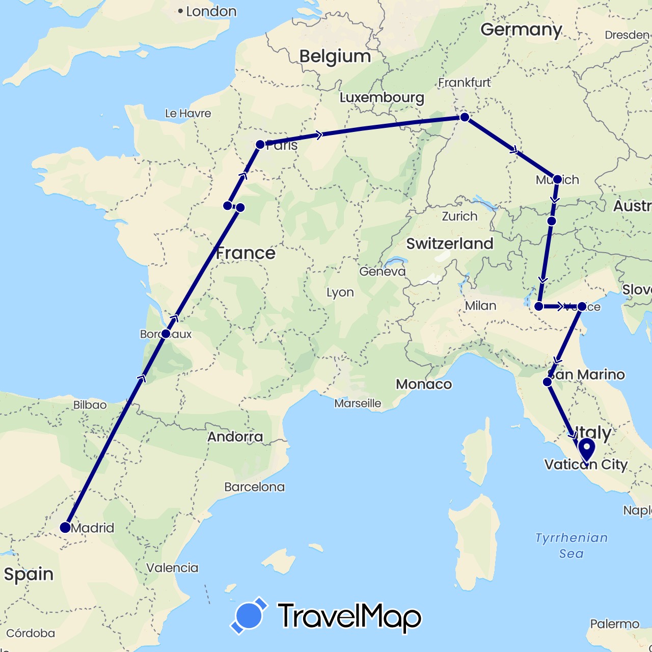 TravelMap itinerary: driving in Austria, Germany, Spain, France, Italy (Europe)