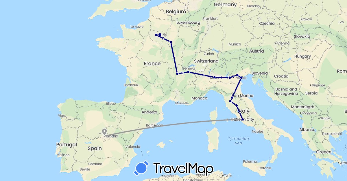 TravelMap itinerary: driving, plane in Spain, France, Italy (Europe)