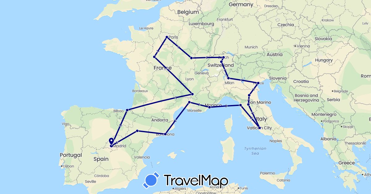 TravelMap itinerary: driving in Switzerland, Spain, France, Italy (Europe)