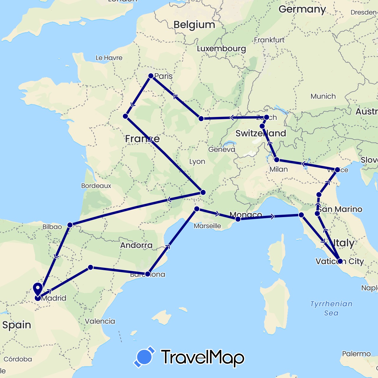 TravelMap itinerary: driving in Switzerland, Spain, France, Italy (Europe)