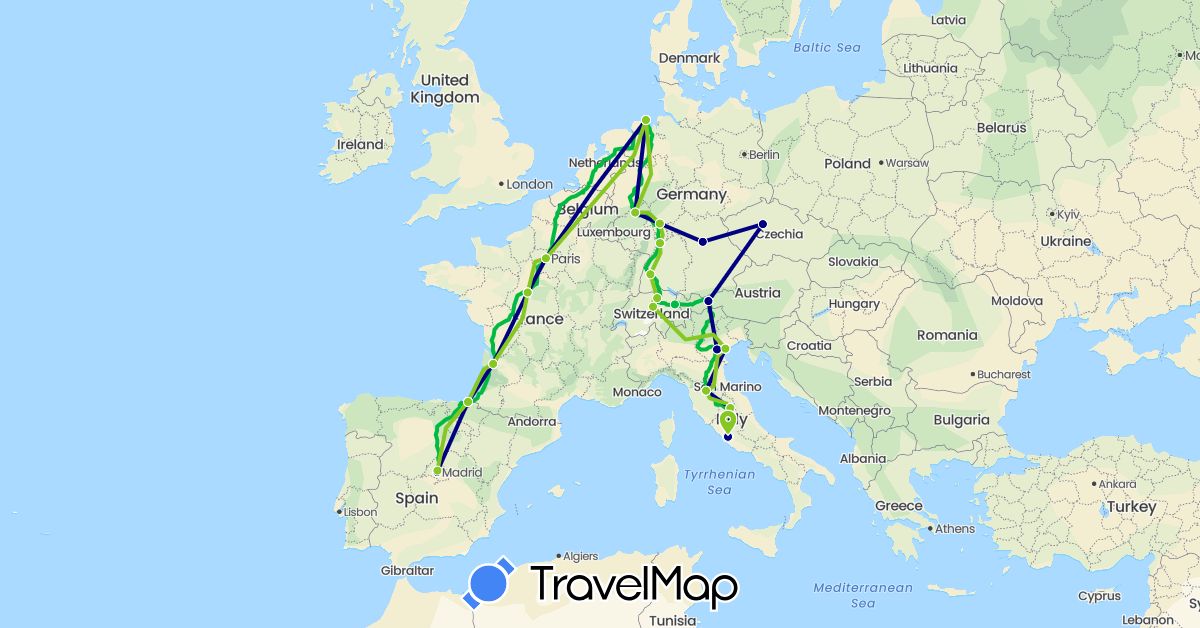 TravelMap itinerary: driving, bus, electric vehicle in Austria, Switzerland, Czech Republic, Germany, Spain, France, Italy, Liechtenstein (Europe)