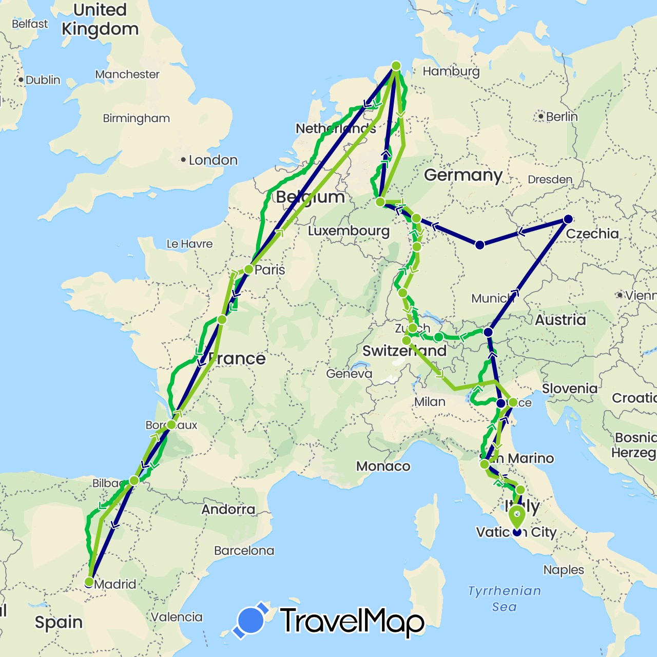 TravelMap itinerary: driving, bus, electric vehicle in Austria, Switzerland, Czech Republic, Germany, Spain, France, Italy, Liechtenstein (Europe)